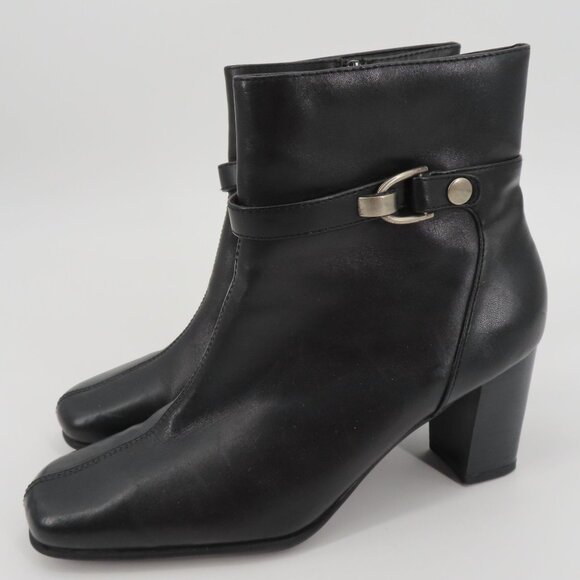 Nine & Co Women 8 M PHILLIPE Black Leather Ankle Boots Bootie Silver Block Heels - Picture 11 of 11
